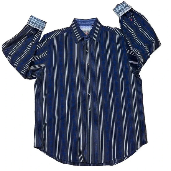 Robert Graham Blue Stripe Long Sleeve Flip Cuff Button Up Shirt Men’s Large. - Picture 1 of 16